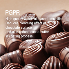 PGPR High quality water-oil based emulsifier. Reduces blooming effect of chocolate surface and also reduce cacao butter in coating process
